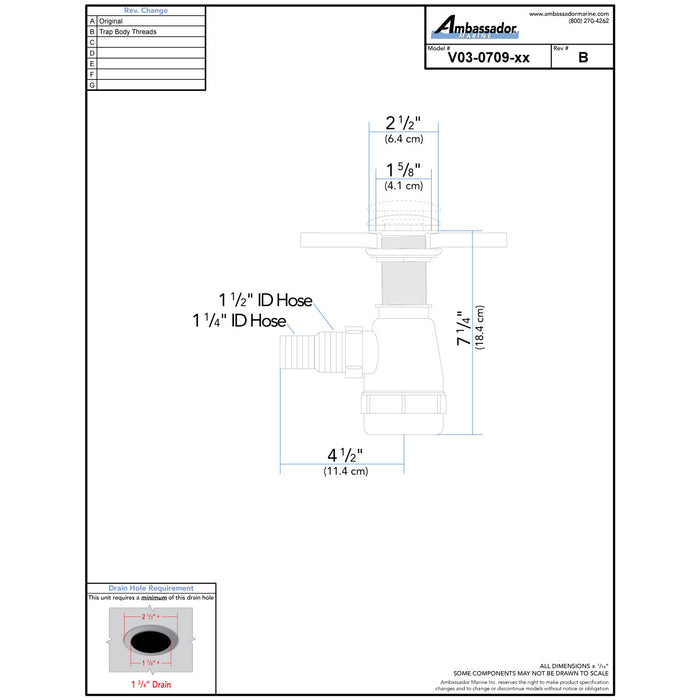 Ambassador Marine V03-0709-NP-R 1 3/4" Drain, Touch Trap Sink Drain (with Cover) (no Overflow), 1 1/4" & 1 1/2" Hose Barb (Brushed Nickel)