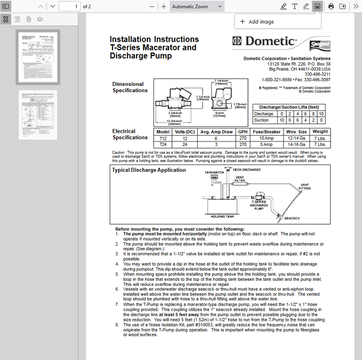 Dometic 317301200 T-Series Waste Discharge Pump, 12 Volt Sanipump
