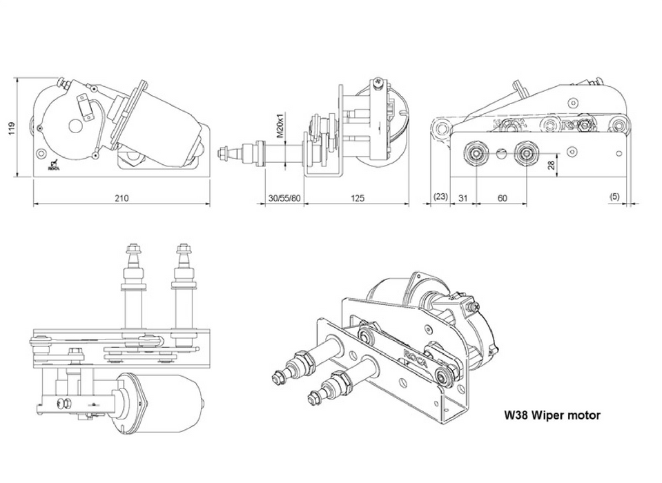 Roca W38 Marine Wiper Motor 24V 38Nm with 50mm Bulkhead Mount