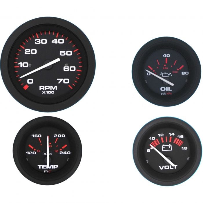 Sierra 69722P Amega Series Gauge Set, Black Inboard 4 Set, Tach, Volt, Oil Pressure & Water Temp
