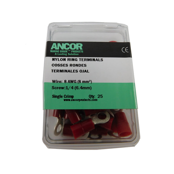 Ancor 210234 Marine Grade Nylon Insulated Ring Terminals, 1/4" Fastener, #8 Wire, Red, 25/Pk