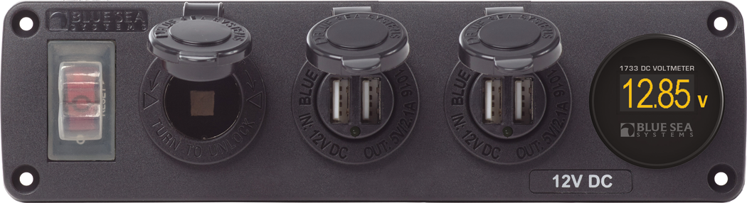 Blue Sea 4368-BSS USB Accessory Panel, Water Resistant, 12V Socket, 2x 2.1A Dual Chargers, Voltmeter