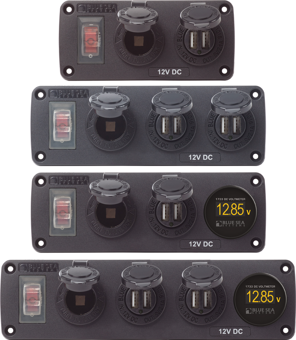 Blue Sea 4368-BSS USB Accessory Panel, Water Resistant, 12V Socket, 2x 2.1A Dual Chargers, Voltmeter
