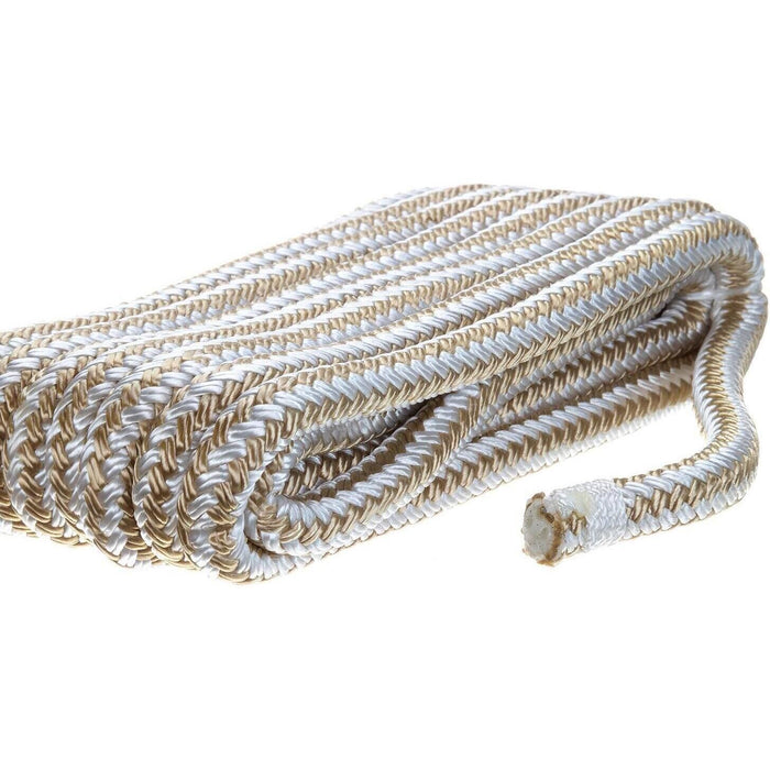 Seachoice Double-Braid Nylon Dock Line w/ Eye Splice, Pre-Shrunk, Heat Stabilized, 3/8 In. X 15 Ft., Gold White