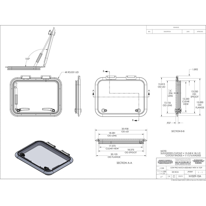 Bomar N1029-10A Low Profile Hatch, 13-1/8 X 18-1/2