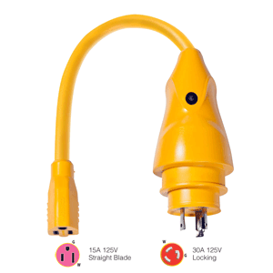 Marinco P30-15 EEL Pigtail Adapter Dock Side Male 30A 125V Locking to Boat Side, Female 15A 125V Straight Blade