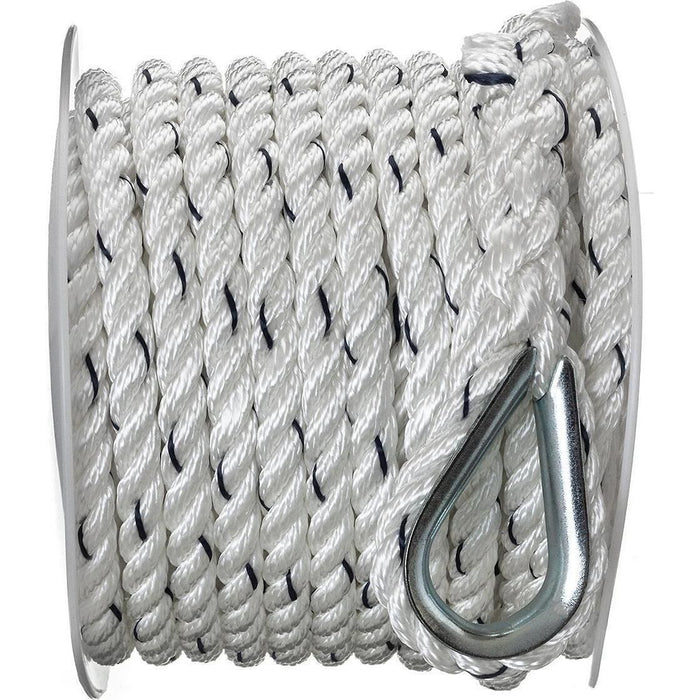Seachoice 47691 Premium 3-Strand Twisted Nylon Anchor Line White w/ Blue Tracer, 3/8" x 50'
