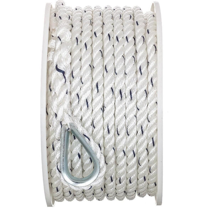Seachoice 47711 Premium 3-Strand Twisted Nylon Anchor Line White w/ Blue Tracer, 3/8" x 100'