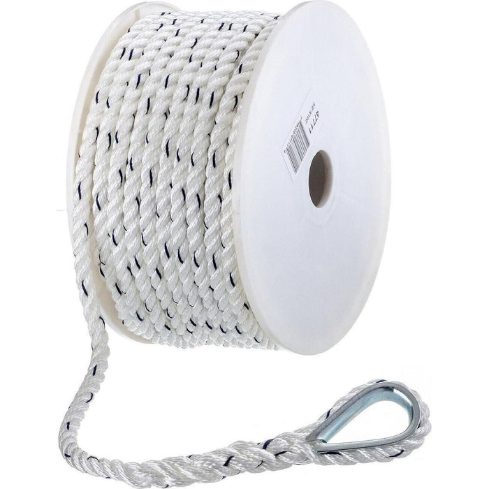 Seachoice 47711 Premium 3-Strand Twisted Nylon Anchor Line White w/ Blue Tracer, 3/8" x 100'