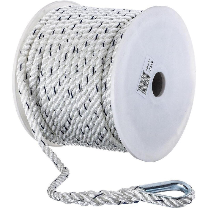 Seachoice 47721 Premium 3-Strand Twisted Nylon Anchor Line White w/ Blue Tracer, 3/8" x 150'