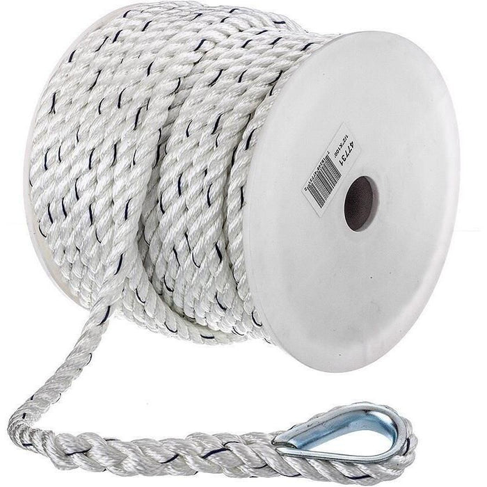 Seachoice 47731 Premium 3-Strand Twisted Nylon Anchor Line White w/ Blue Tracer, 1/2" x 100'