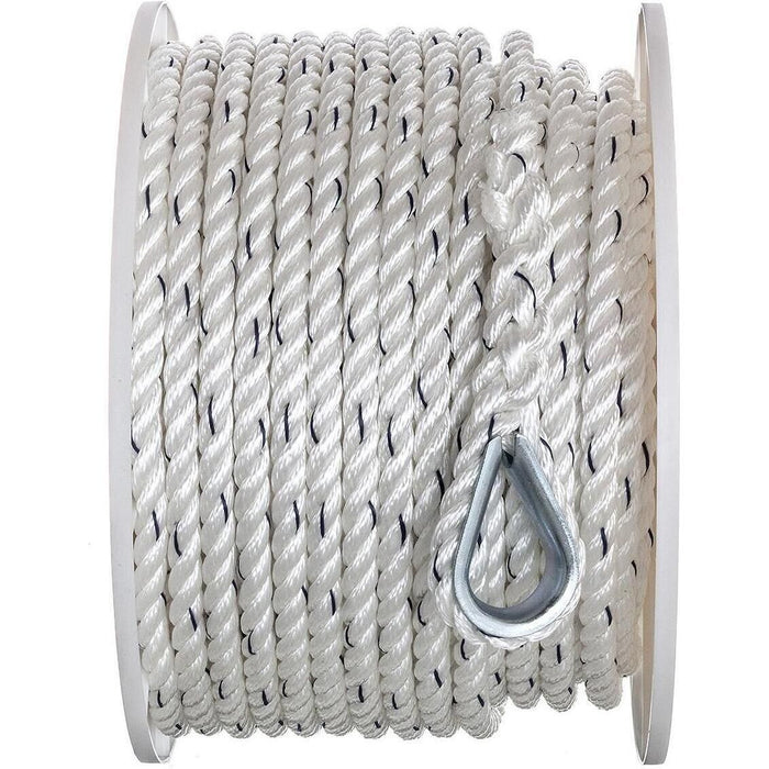 Seachoice 47741 Premium 3-Strand Twisted Nylon Anchor Line White w/ Blue Tracer, 1/2" x 150'