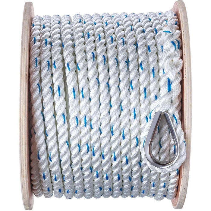 Seachoice 47931 Premium 3-Strand Twisted Nylon Anchor Line White w/ Blue Tracer, 5/8" x 250'