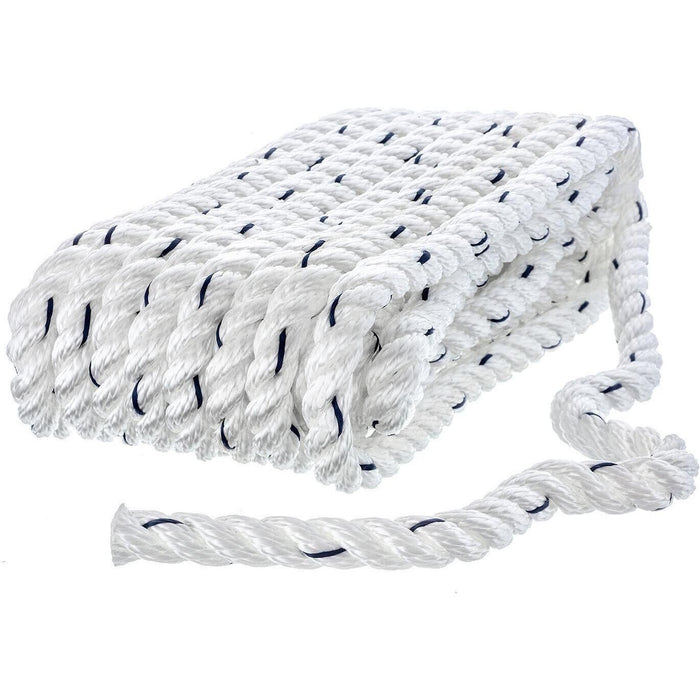 Seachoice 47531 Premium 3-Strand Twisted Nylon Dock Line, White w/ Blue Tracer, 3/8" x 25'