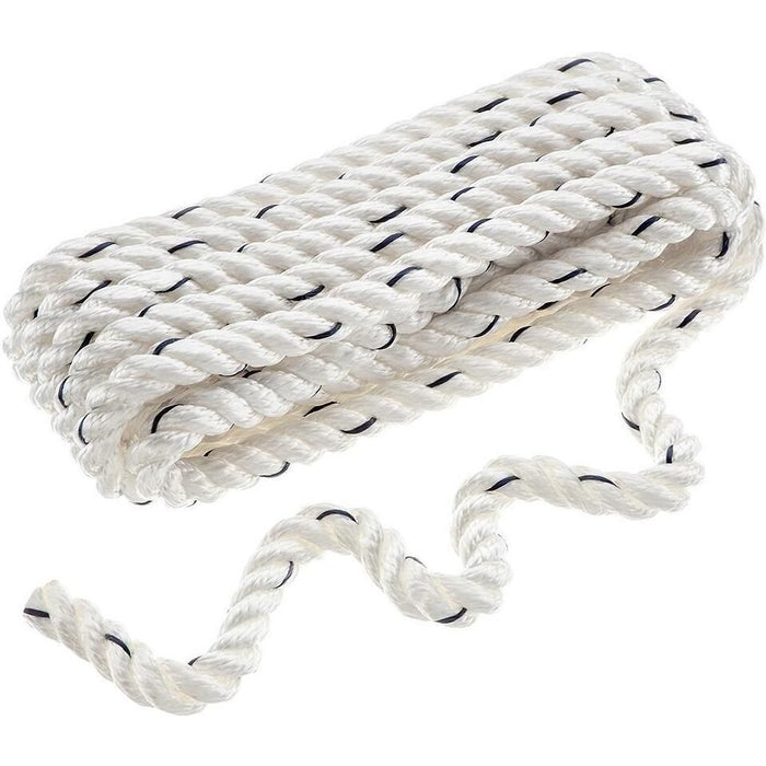 Seachoice 47551 Premium 3-Strand Twisted Nylon Dock Line, White w/ Blue Tracer, 1/2" x 15'