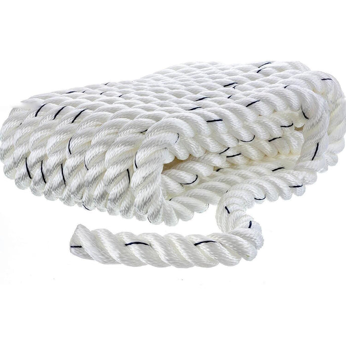 Seachoice 47631 Premium 3 Strand Twisted Nylon Dock Line, White w/ Blue Tracer, 3/4" x 25'