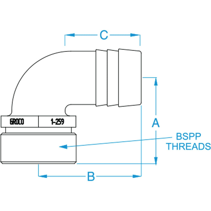 Groco PTHC-114PD32 Pipe-To-Hose Adapter, 90°