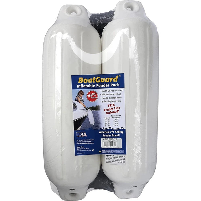 Paquete de defensa inflable BoatGuard Taylor Made 310162P de 6" x 22", color blanco, con línea negra de 6' GRATIS