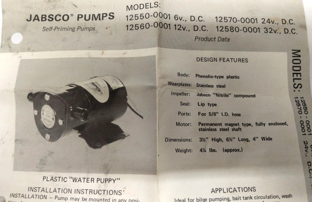 Jabsco 12550-0001 | – | 6 VOLT DC PLASTIC WATER PUPPY