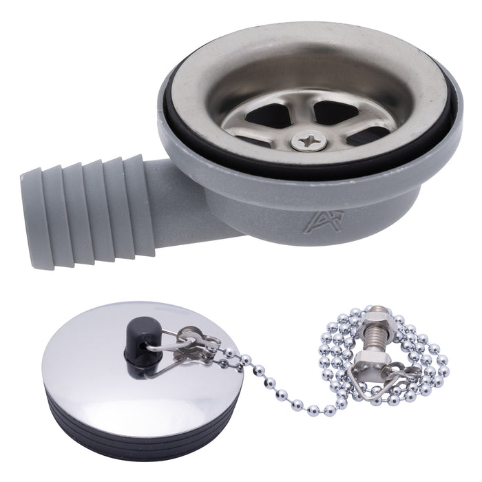 Ambassador Marine S00-0101-BP-R 2" Drain, 95 Degree Drain, Low Profile, 1" Hose Barb, w/Chain Stopper (Brushed Finish)