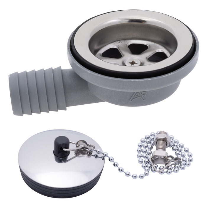 Ambassador Marine S00-0101-UP-R 2" Drain, 95 Degree Drain, Low Profile, 1" Hose Barb, w/Chain Stopper (Ultra-Mirror Finish)