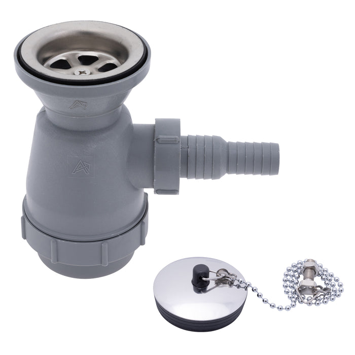 Ambassador Marine S00-0108-BP-R 2" Drain, Trap Sink Drain, 3/4" & 1" Hose Barb, w/Chain Stopper (Brushed Finish)