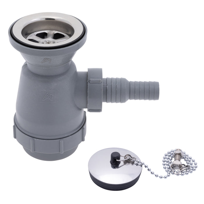 Ambassador Marine S00-0108-UP-R 2" Drain, Trap Sink Drain, 3/4" & 1" Hose Barb, w/Chain Stopper (Ultra-Mirror Finish)