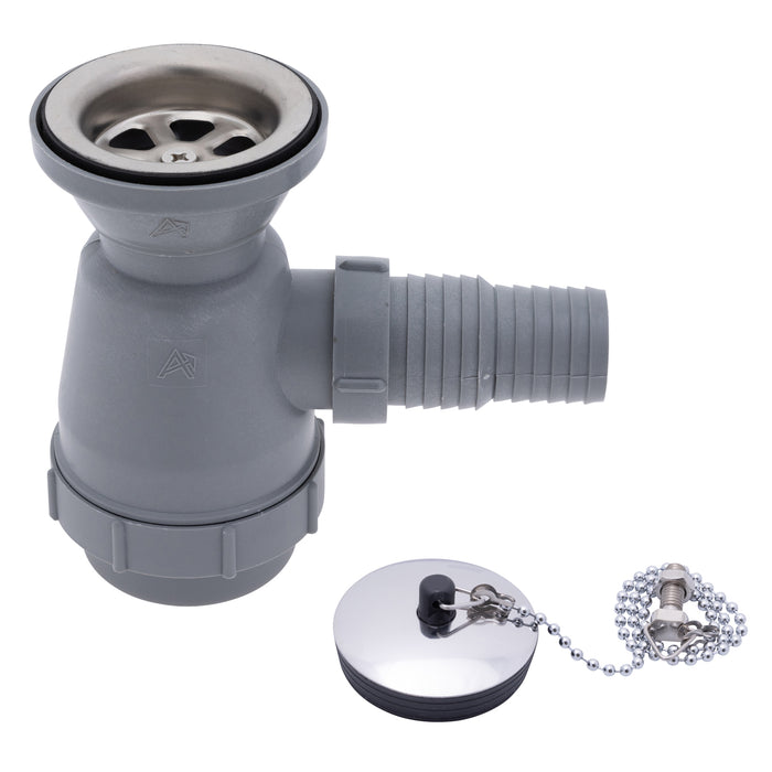 Ambassador Marine S00-0109-BP-R 2" Drain, Trap Sink Drain, 1 1/4" & 1 1/2" Hose Barb, w/Chain Stopper (Brushed Finish)