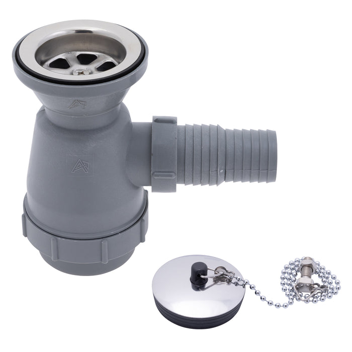 Embajador Marine S00-0109-UP-R Drenaje de 2", sifón para fregadero, espiga para manguera de 1 1/4" y 1 1/2", con tope de cadena (acabado ultraespejo)
