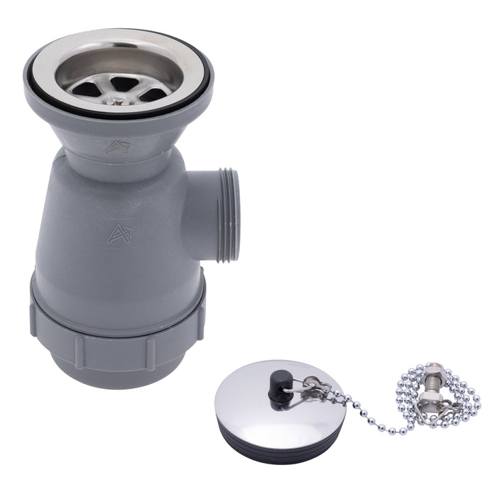 Embajador Marine S00-0116-UP-R Desagüe de 2", sifón para fregadero, rosca macho de 1 1/4", con tope de cadena (acabado ultraespejo)