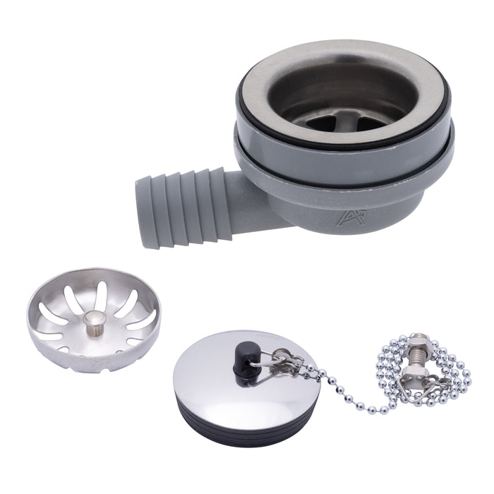 Ambassador Marine S00-1102-BP-R 2" Drain, 95 Degree Drain, Low Profile w/Strainer, 1" Hose Barb, w/Chain Stopper (Brushed Finish)