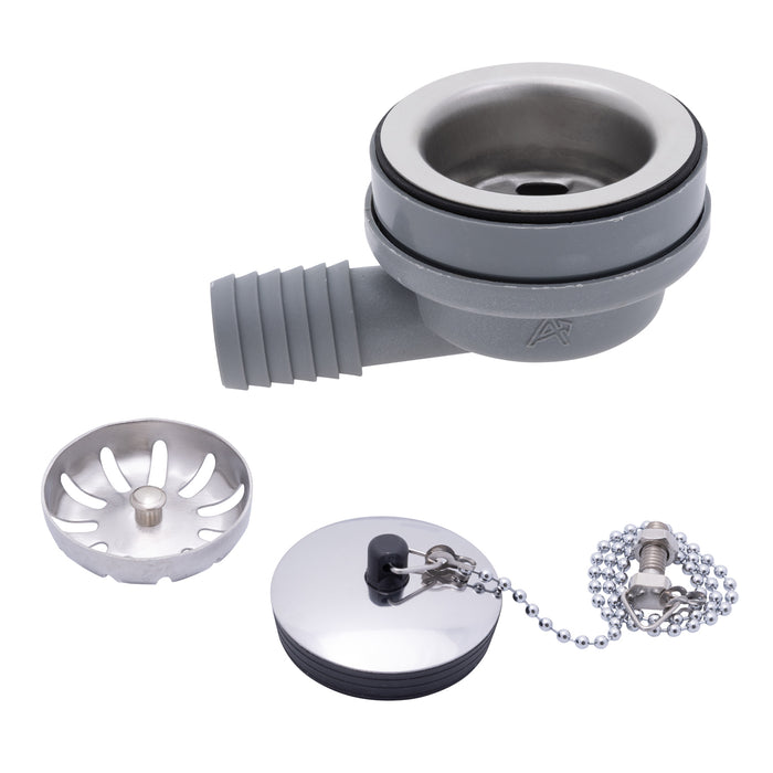 Ambassador Marine S00-1102-UP-R 2" Drain, 95 Degree Drain, Low Profile w/Strainer, 1" Hose Barb, w/Chain Stopper (Ultra-Mirror Finish)