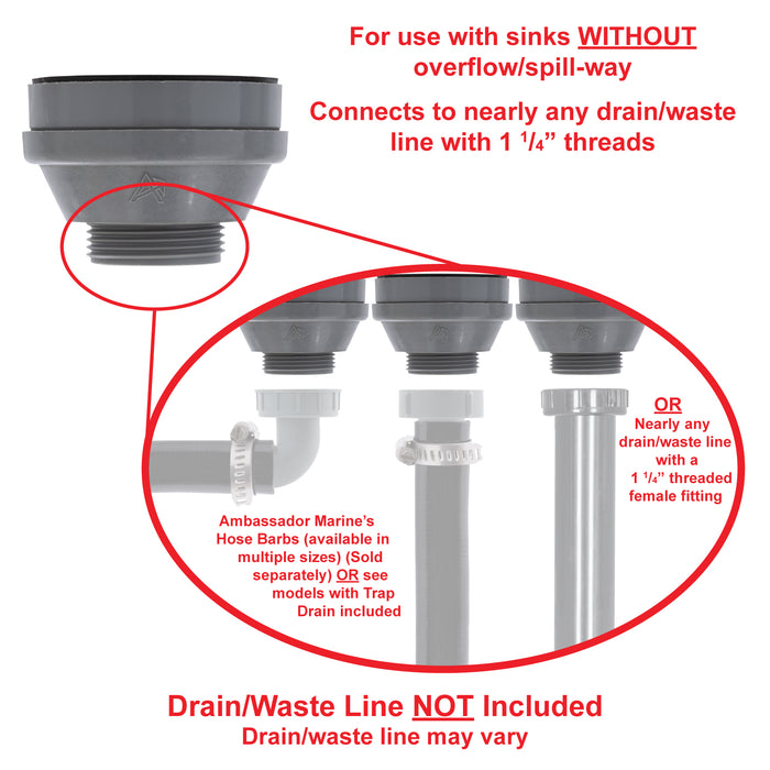 Ambassador Marine S00-1104-BP-R 2" Drain, Straight Drain, Low Profile, 1 1/4"-M Thread, w/Strainer, w/Chain Stopper (Brushed Finish)
