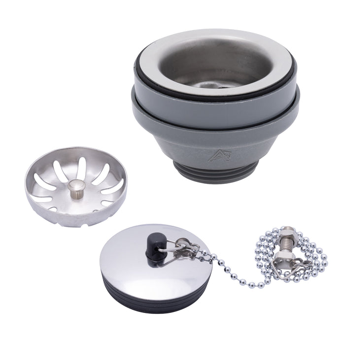 Ambassador Marine S00-1104-UP-R 2" Drain, Straight Drain, Low Profile, 1 1/4"-M Thread, w/Strainer, w/Chain Stopper (Ultra-Mirror Finish)
