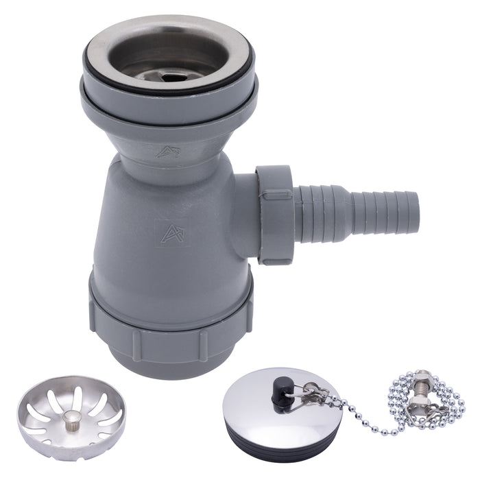 Ambassador Marine S00-1108-BP-R 2" Drain, Trap Sink Drain, 3/4" & 1" Hose Barb, w/Strainer, w/Chain Stopper (Brushed  Finish)