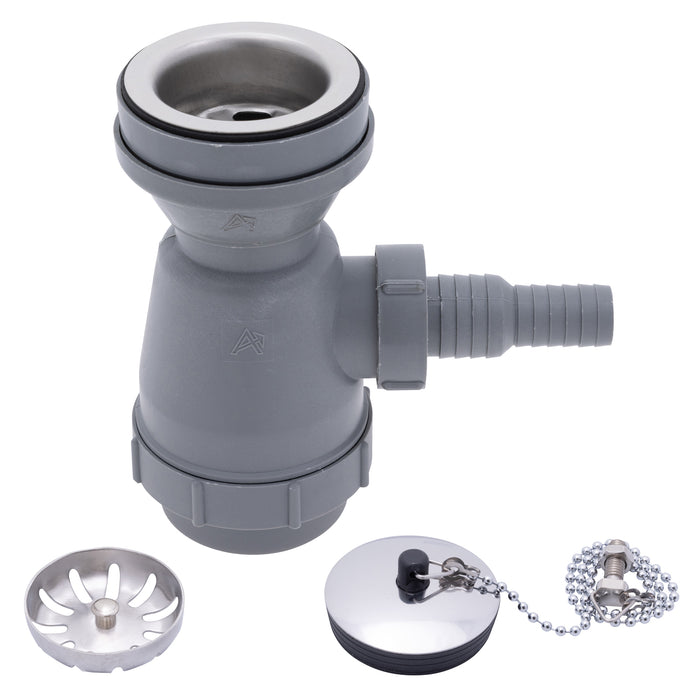 Ambassador Marine S00-1108-UP-R 2" Drain, Trap Sink Drain, 3/4" & 1" Hose Barb, w/Strainer, w/Chain Stopper (Ultra-Mirror Finish)