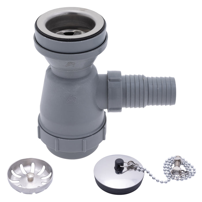 Ambassador Marine S00-1109-BP-R 2" Drain, Trap Sink Drain, 1 1/4" & 1 1/2" Hose Barb, w/Strainer, w/Chain Stopper (Brushed Finish)