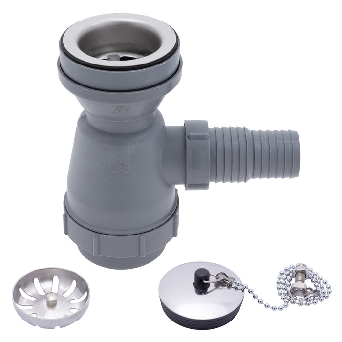Ambassador Marine S00-1109-UP-R 2" Drain, Trap Sink Drain, 1 1/4" & 1 1/2" Hose Barb, w/Strainer, w/Chain Stopper (Ultra-Mirror Finish)
