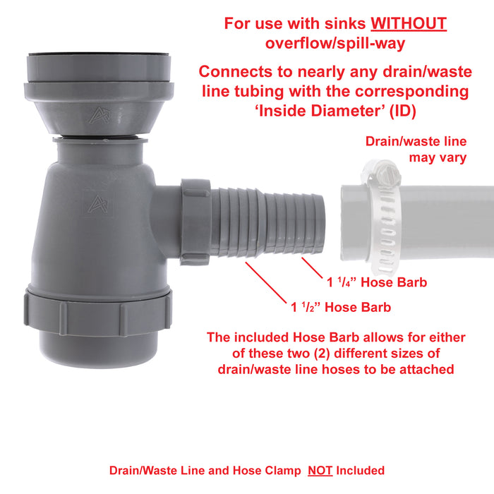 Ambassador Marine S00-1109-UP-R 2" Drain, Trap Sink Drain, 1 1/4" & 1 1/2" Hose Barb, w/Strainer, w/Chain Stopper (Ultra-Mirror Finish)