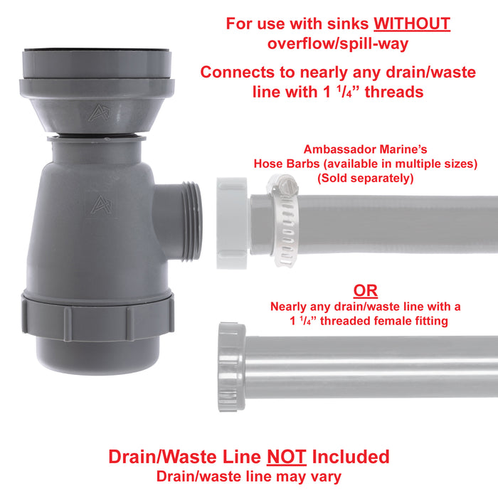 Ambassador Marine S00-1116-BP-R 2" Drain, Trap Sink Drain, 1 1/4"-M Thread,  w/Strainer, w/Chain Stopper (Brushed Finish)