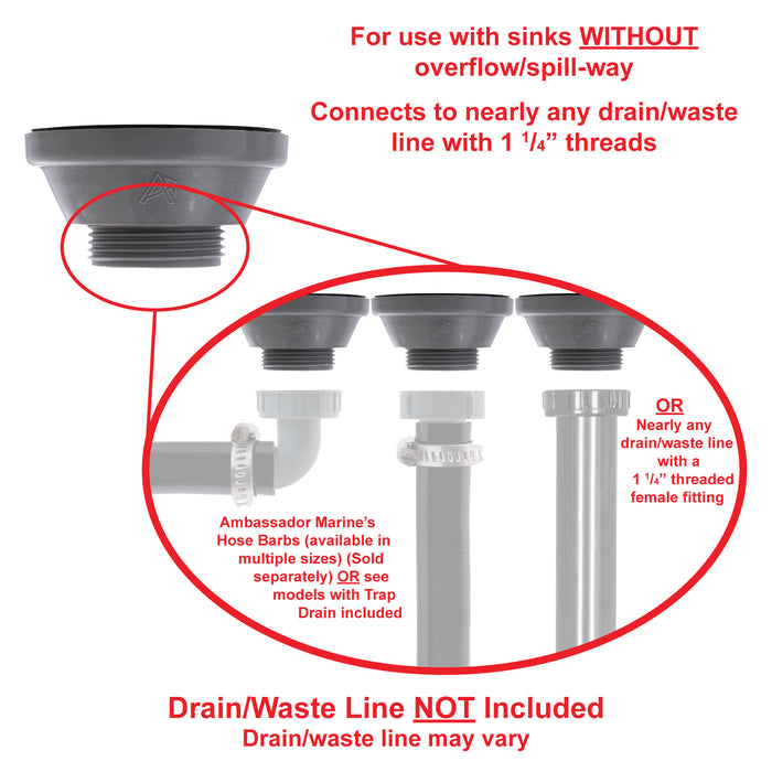 Ambassador Marine S01-0104-UP-R 1 1/2" Drain, Straight Drain, Low Profile, 1 1/4"-M Thread, w/Chain Stopper (Ultra-Mirror Finish)