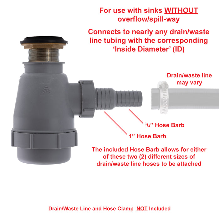 Ambassador Marine S01-0308-CP-R 1 1/2" Drain, Flip Trap Sink Drain (no Overflow), 3/4" & 1" Hose Barb (Chrome)