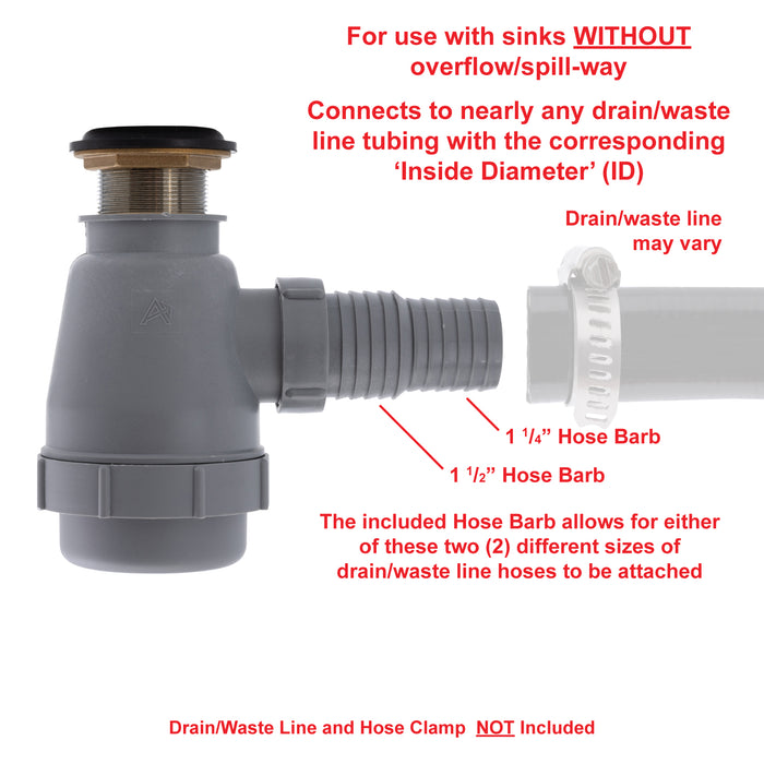 Ambassador Marine S01-0309-NP-R 1 1/2" Drain, Flip Trap Sink Drain (no Overflow), 1 1/4" & 1 1/2" Hose Barb (Brushed Nickel)