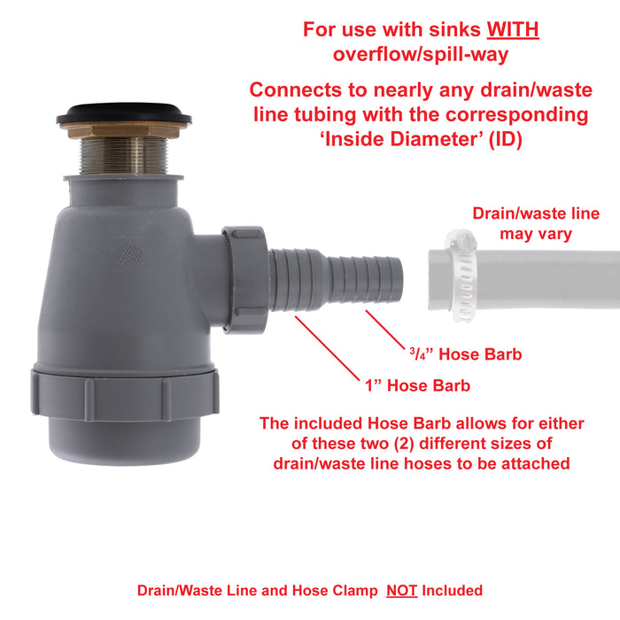 Ambassador Marine S01-0508-NP-R 1 1/2" Drain, Flip Trap Sink Drain (with Overflow), 3/4" & 1" Hose Barb (Brushed Nickel)