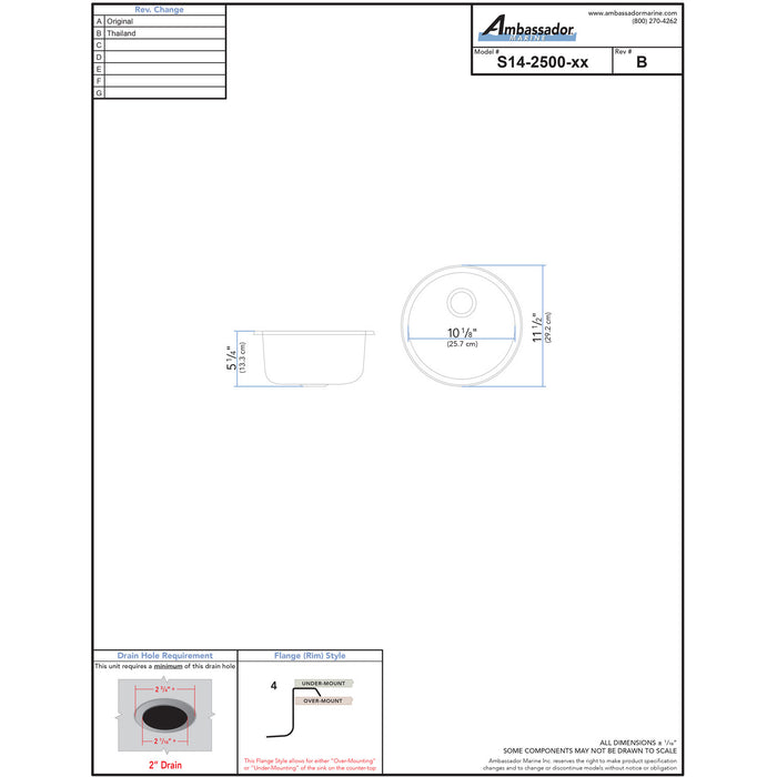 Ambassador Marine S14-2500-UM-R Cylinder Sink (Ultra-Mirror Finish), 304 Stainless Steel, 2" Drain, SoundKOTE