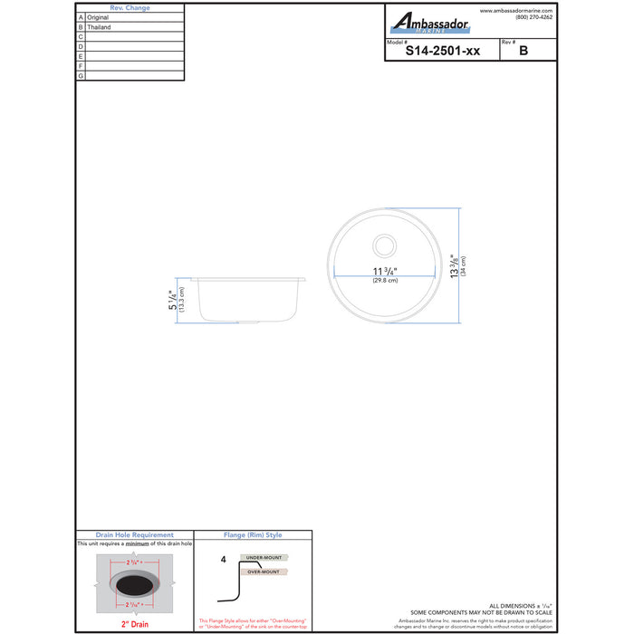 Ambassador Marine S14-2501-BR-R Cylinder Sink (Brushed Finish), 304 Stainless Steel, 2" Drain, SoundKOTE