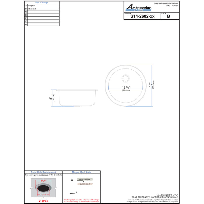 Ambassador Marine S14-2602-UM-R Cylinder Sink (Ultra-Mirror Finish), 304 Stainless Steel, 2" Drain, SoundKOTE