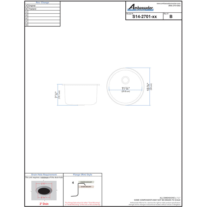 Ambassador Marine S14-2701-UM-R Cylinder Sink (Ultra-Mirror Finish), 304 Stainless Steel, 2" Drain, SoundKOTE