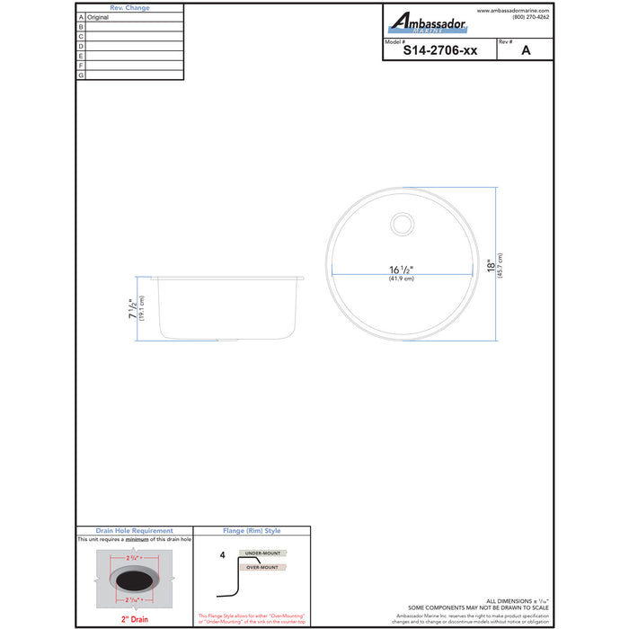 Ambassador Marine S14-2706-BR-R Cylinder Sink (Brushed Finish), 304 Stainless Steel, 2" Drain, SoundKOTE