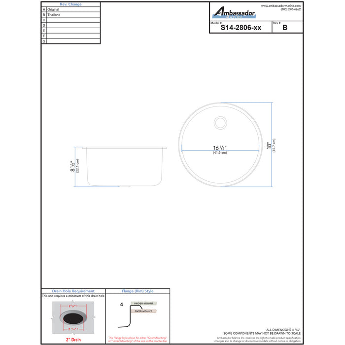 Ambassador Marine S14-2806-UM-R Cylinder Sink (Ultra-Mirror Finish), 304 Stainless Steel, 2" Drain, SoundKOTE